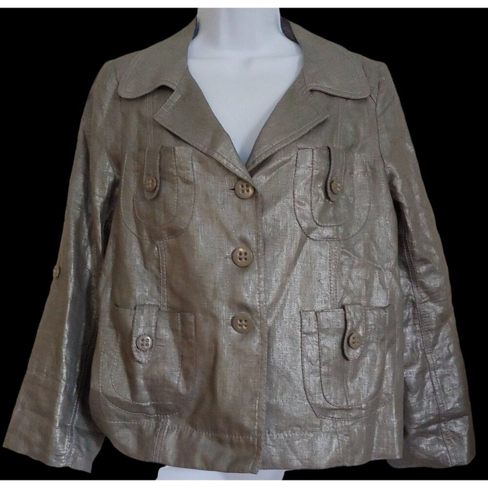 Gerard Darel Paris 100% Linen Metallic Silver/Grey Button L-Sleeve Jacket 42
